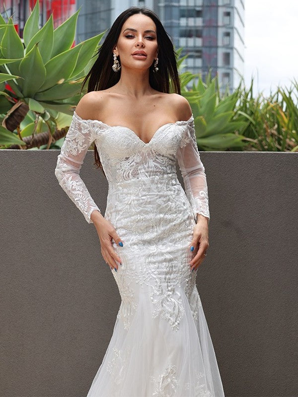 Trumpet/Mermaid Sleeves Long Sweep/Brush Tulle Applique Off-the-Shoulder Train Wedding Dresses