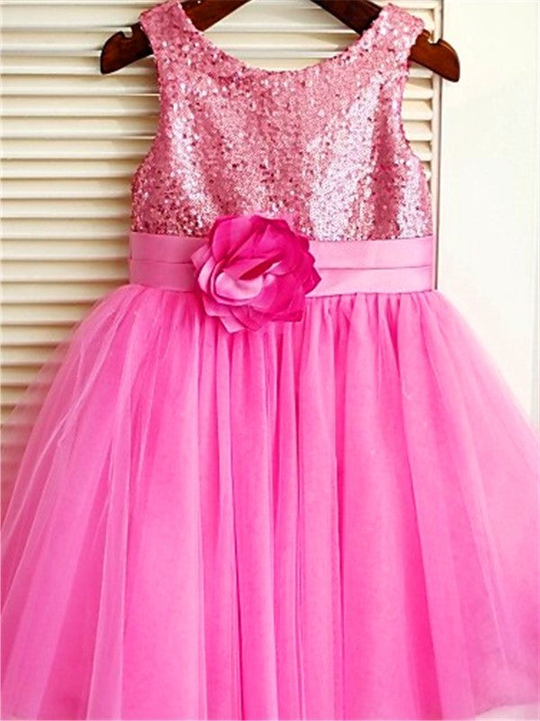 Tulle Tea-Length A-line/Princess Scoop Sequin Sleeveless Flower Girl Dresses