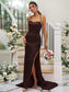 Woven Square Ruched Sheath/Column Sweep/Brush Sleeveless Elastic Satin Train Bridesmaid Dresses