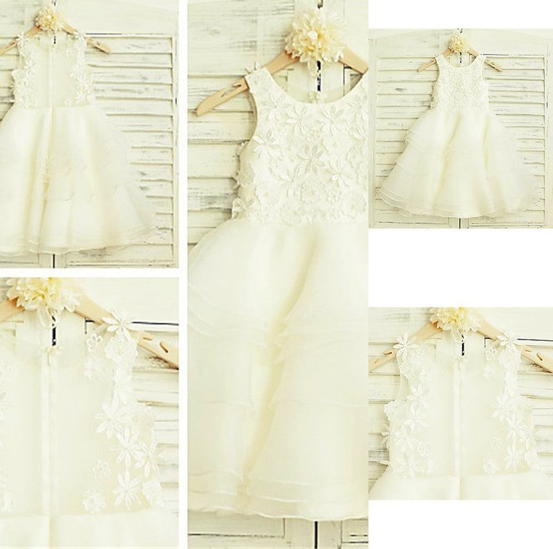 Tea-Length Tulle Scoop Sleeveless A-line/Princess Lace Flower Girl Dresses