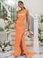 Woven Square Ruched Sheath/Column Sweep/Brush Sleeveless Elastic Satin Train Bridesmaid Dresses