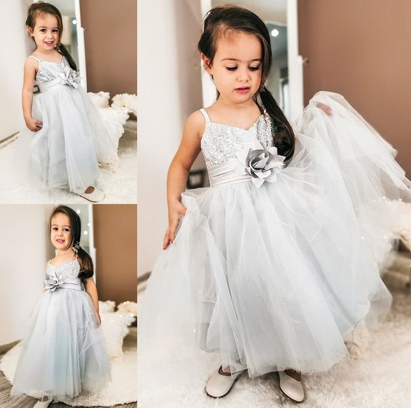 Sleeveless Tea-Length Sequin A-Line/Princess Tulle Spaghetti Straps Flower Girl Dresses