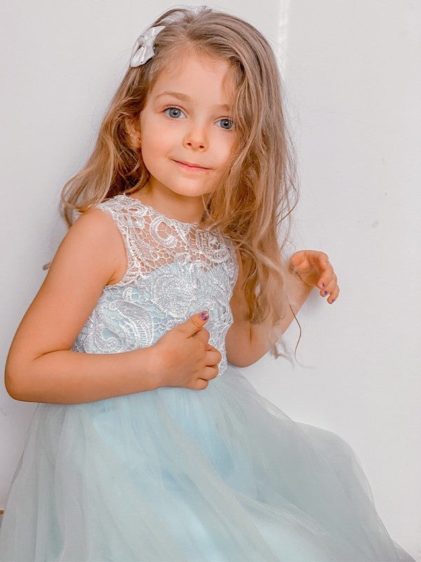 A-Line/Princess Lace Scoop Ankle-Length Tulle Sleeveless Flower Girl Dresses