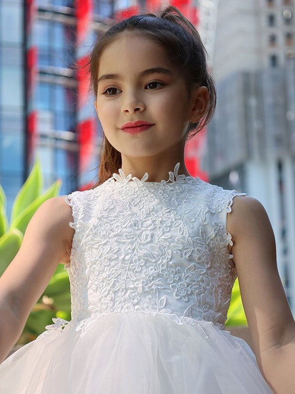 Neck Tulle Sleeveless Knee-Length Lace A-Line/Princess High Flower Girl Dresses