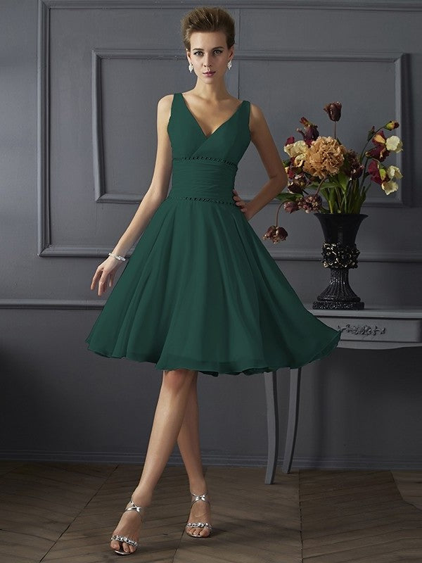 Sleeveless V-neck Short A-Line/Princess Pleats Chiffon Bridesmaid Dresses