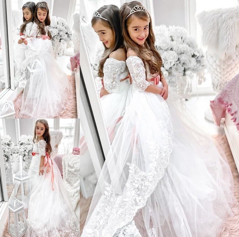 Off-the-Shoulder A-Line/Princess Sweep/Brush Train 1/2 Sleeves Sash/Ribbon/Belt Tulle Flower Girl Dresses