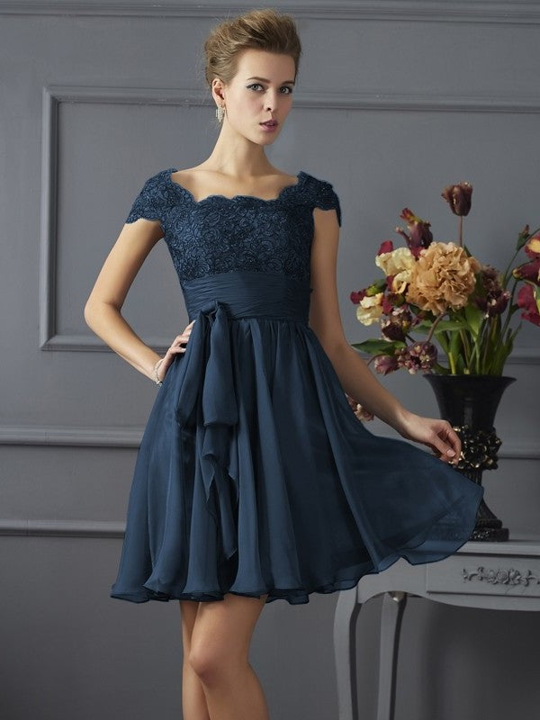 Short Short A-Line/Princess Scoop Sleeves Lace Chiffon Bridesmaid Dresses