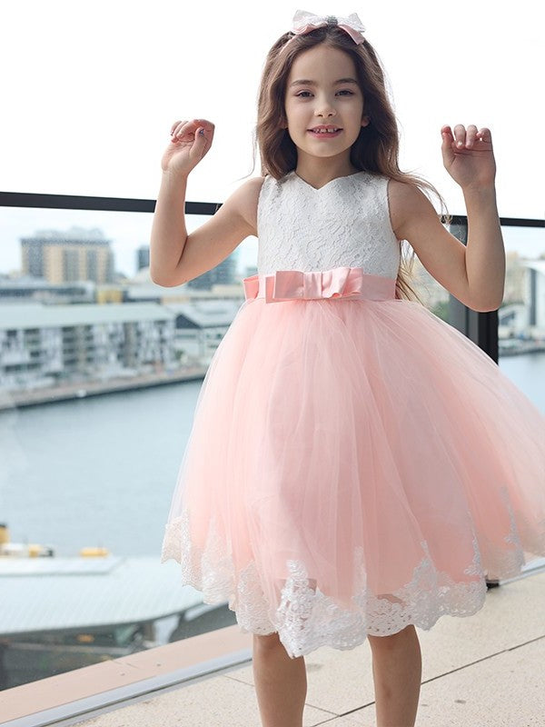 Bowknot A-Line/Princess Lace Sleeveless Short/Mini Scoop Flower Girl Dresses