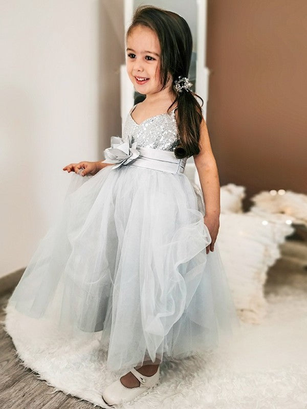 Sleeveless Tea-Length Sequin A-Line/Princess Tulle Spaghetti Straps Flower Girl Dresses