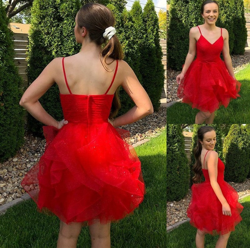 Ruffles A-Line/Princess Tulle Spaghetti Straps Sleeveless Short/Mini Homecoming Dresses