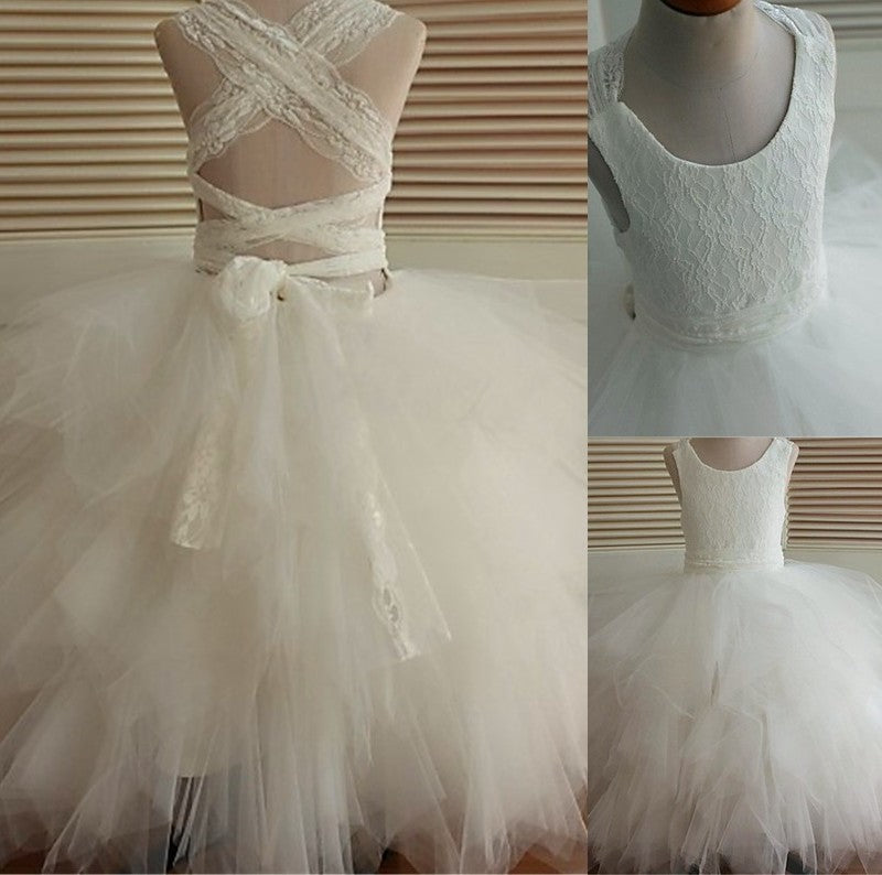 Sleeveless Ball Scoop Tulle Lace Gown Ankle-Length Flower Girl Dresses