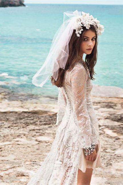 Spanish Summer Long Sleeve A-Line Lace Boho Beach Appliques Wedding Dresses JS270