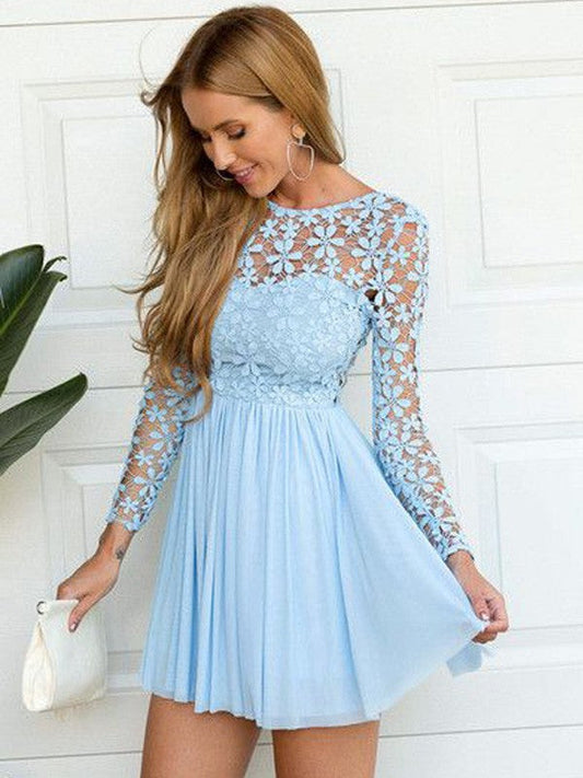 A-Line Princess Aubrey Lace Homecoming Dresses Chiffon Scoop Long Sleeves Short