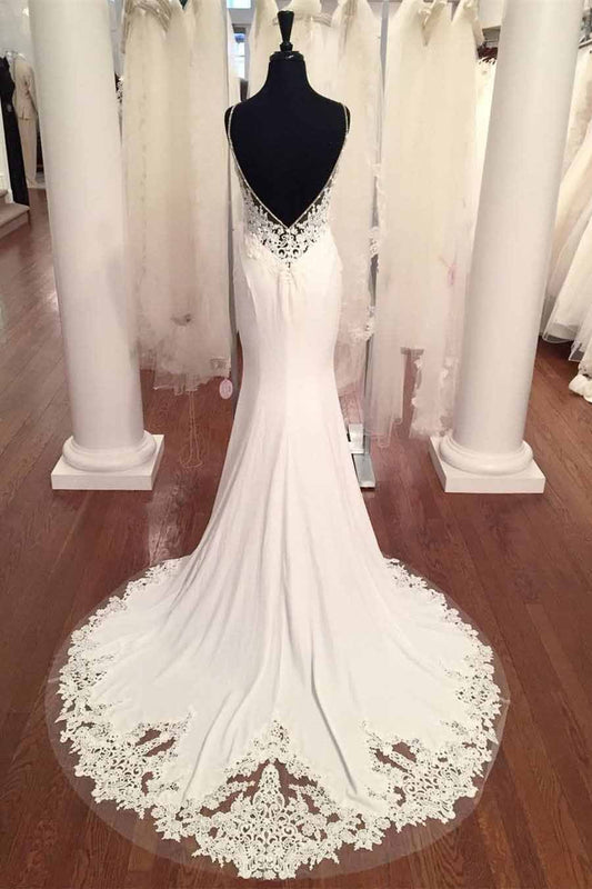 Spaghetti Strap V-Neck Vintage Lace Mermaid Backless Appliques Jersey Beach Wedding Dress JS882