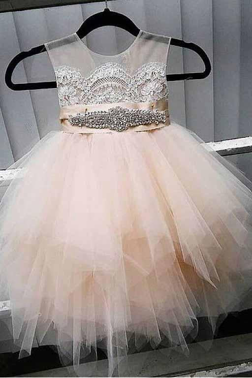 A-Line Tulle Beads Appliques Scoop Blush Pink Button Cap Sleeve Flower Girl Dresses JS888