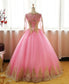 Ball Gown Long Sleeve Gold Rose Red Tulle Round Neck Lace up Prom Quinceanera Dresses JS147