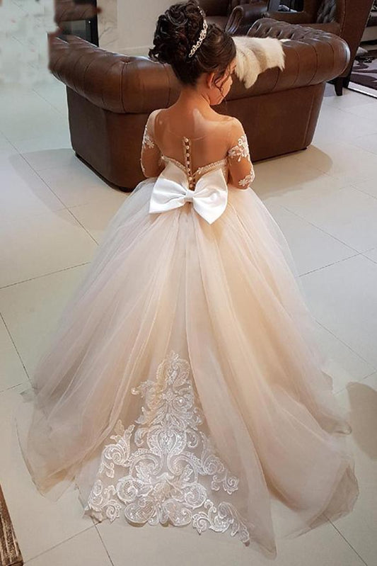 Ball Gown Round Neck Long Sleeves Tulle Bowknot Flower Girl Dress with Appliques