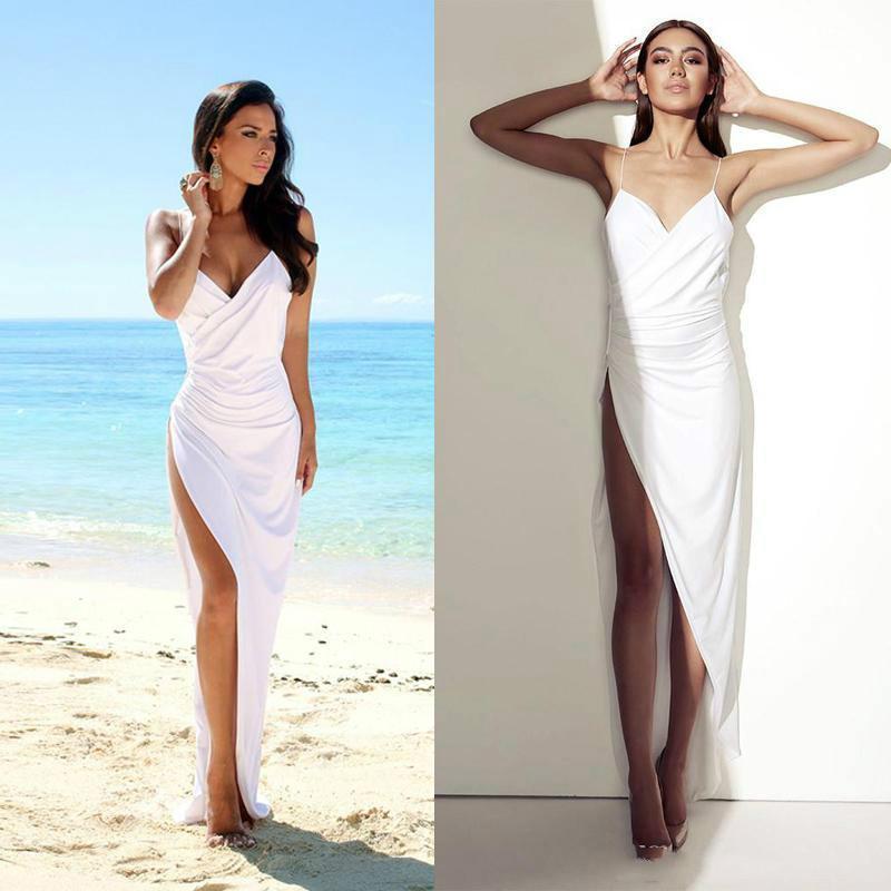 Simple Sexy Open Back Beach Side Slit Spaghetti Straps Summer White Wedding Dresses