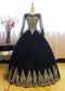 Ball Gown Long Sleeve Gold Rose Red Tulle Round Neck Lace up Prom Quinceanera Dresses JS147