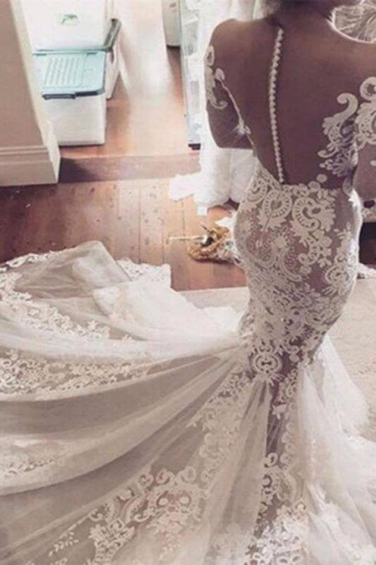 Illusion Neckline Lace Appliques Mermaid Long Sleeves Court Train Ivory Wedding Dresses