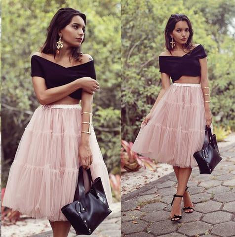 A Line Two Pieces Black and Pink Cheap Off the Shoulder Tulle Homecoming Dresses JS879