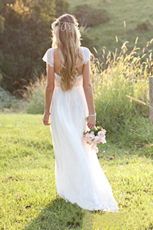 Beach A-Line Cap Sleeves Backless Lace Summer Scoop Open Back Ivory Wedding Dress JS700