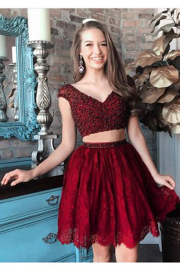 A Line Two Pieces V Neck Beads Burgundy Lace Short Prom Dresses Homecoming Dresses JS703