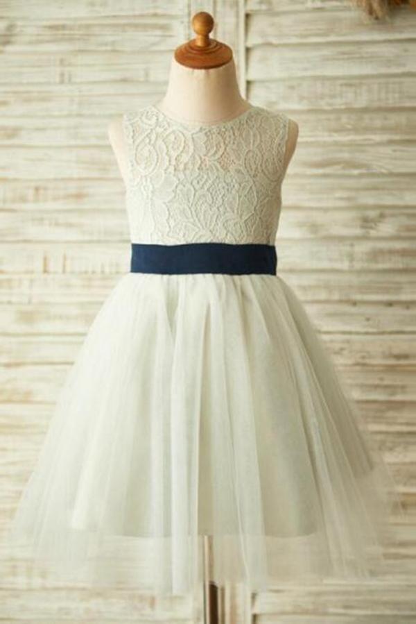 Princess Ivory Beautiful Lace and Tulle Scoop Open Back Cheap Flower Girl Dresses with Bow JS772