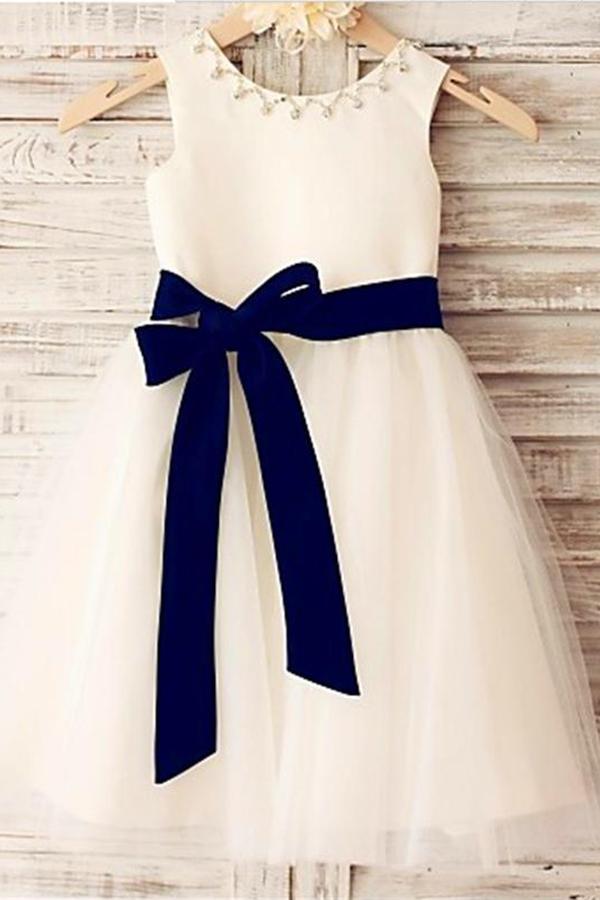 Ivory A-line Scoop Sleeveless Bowknot Tea-Length Tulle Flower Girl Dresses With Belt GD00005