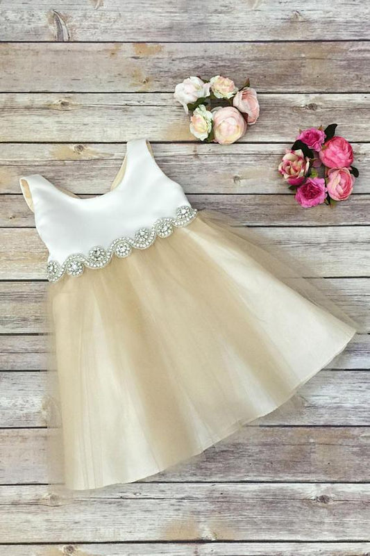 Scoop Bowknot Knee-length Ivory Organza Beads Sleeveless Flower Girl Dresses JS673